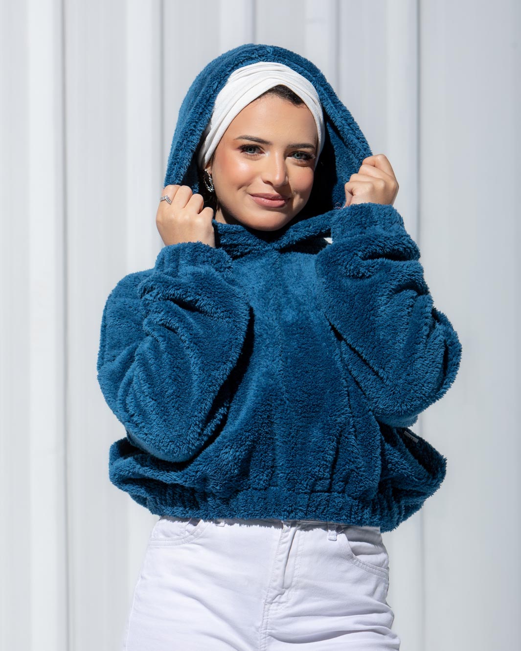 Blue faux fashion fur hoodie